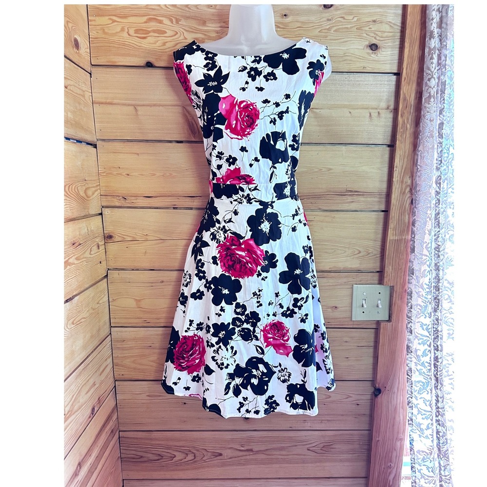 Vintage Rose Floral A-Line Dress Womens 2XL White Pink‎ Pinup Tradwife OWIN Plus